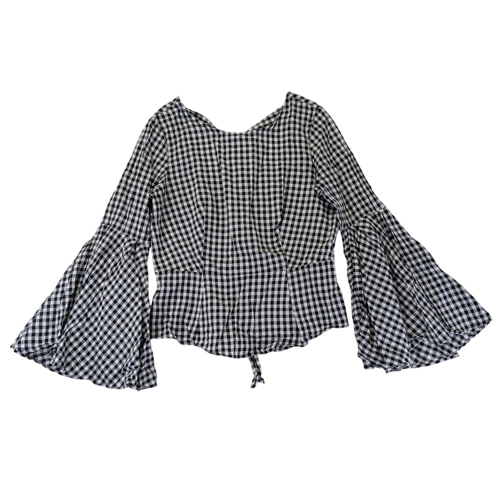 Nanette Lepore Black White Gingham Bell Sleeve Blouse Top Back Cutout Tie Size M